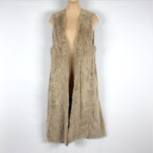 Long Fur Vest Beige Sleeveless Open Front Duster